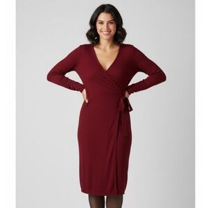 LOFT Balerina Wrap Midi Dress Women's Burgundy Ribbed Wrap Long Sleeve Size M
